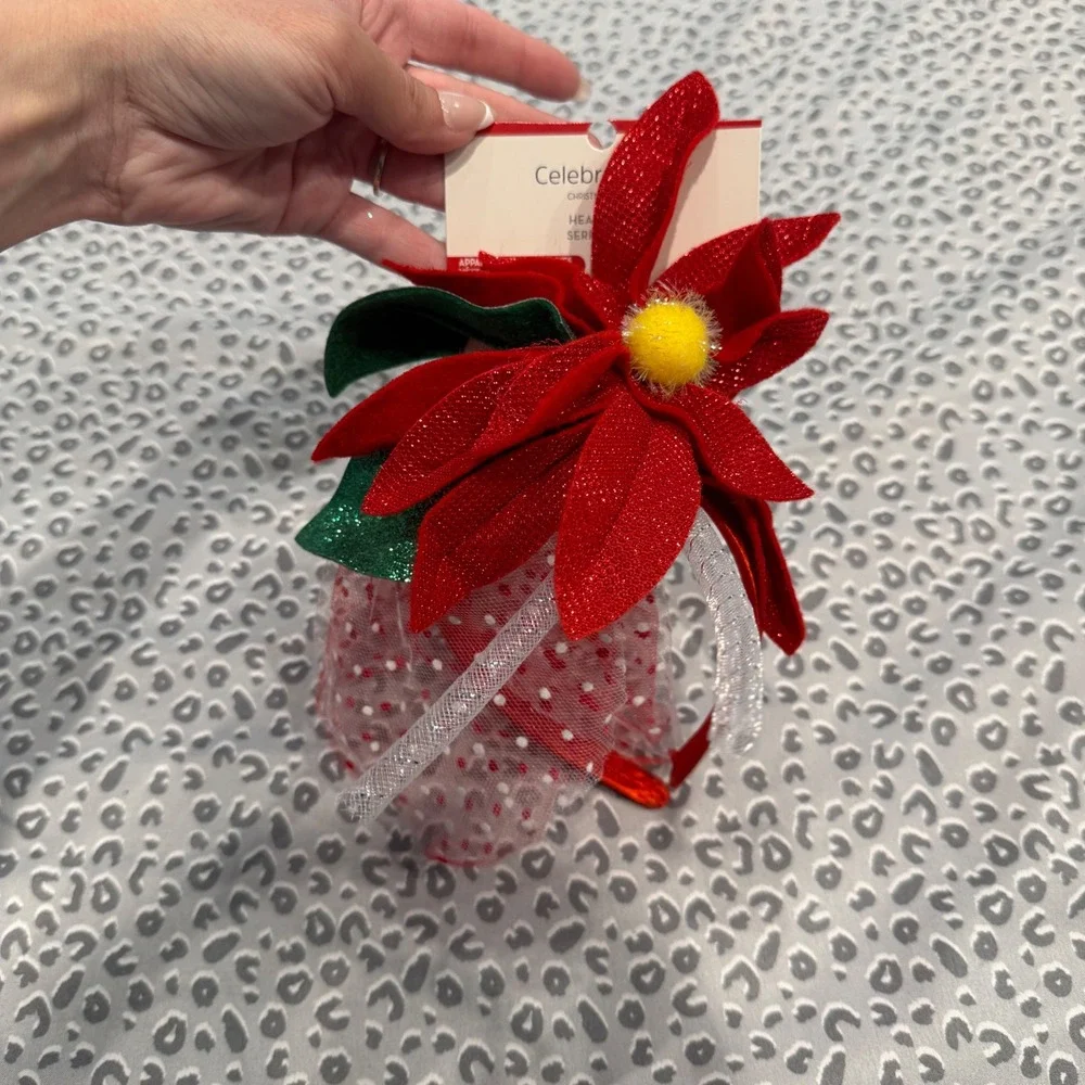 Celebrate It Christmas Poinsettia Headband Red Glitter Flower Polka Dot Veil NWT